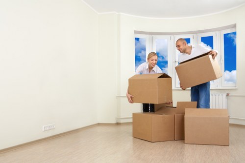 Packed office equipment ready for transport in Paddington