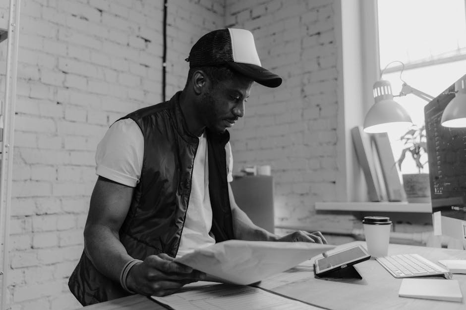 A man with dark skin, wearing a black and white trucker cap, a white t-shirt, and a black sleeveless vest, is standing at a desk inside a modern office with white brick walls. He is holding a large sheet of paper or blueprint and appears to be reviewing it carefully. The desk has a white keyboard, a computer monitor displaying a design program, a tablet propped up on a stand, a paper coffee cup with a black lid, and some loose papers. Behind him, there are shelves with books and potted plants, illuminated by two desk lamps. The environment appears neat and well-lit, with natural light coming in through a window on the right. The scene suggests an organized workspace related to office moves or packing, possibly in the context of a home or business relocation process undertaken by Paddington Removals, who specialise in furniture transport and move coordination, as indicated on the webpage for Merchant Square office moves.