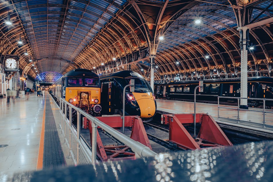 Inside a large train station with an arched, metal and glass roofing structure illuminated by bright overhead lighting. In the foreground, a dark blue and yellow passenger train is stationary on the platform, with visible front headlights and a digital display above the windshield. Next to the train, there are some red and black loading barriers and a metal railing at waist height separating the platform from the tracks. In the background, additional train carriages are parked on adjacent tracks, and a large clock shows the time on the station wall. The station features a spacious, clean environment, suitable for moving and packing activities, often associated with house removals and home relocation services, such as those provided by Paddington Removals.
