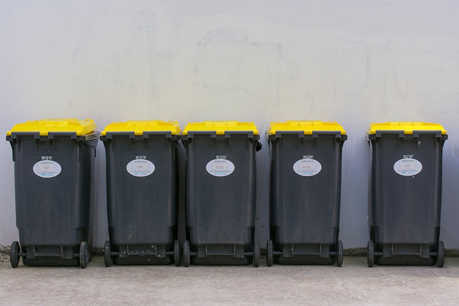 Five large black wheelie bins with yellow lids lined up on a concrete pavement against a plain, slightly weathered grey wall. The bins are positioned in a row, each with a white label and identification number, and are placed near a residential or commercial property entrance. The scene suggests a typical waste disposal setup outside a property in the W2 postcode area, illustrating the process of bin collection or the final stages of packing and clearing during a home relocation or move. Paddington Removals, a professional removals company, often facilitates moving and disposal services in this context, ensuring proper waste management and adherence to council rules for skip, disposal, and fines in W2. The lighting is natural, with no shadows or reflections, emphasizing the clean and orderly arrangement of the bins, which may be temporarily stored outside during packing, loading, or disposal activities related to furniture transport or house removals.